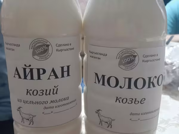 Козье молоко, айран, кымыз и саамал в пластиковых бутылках. На